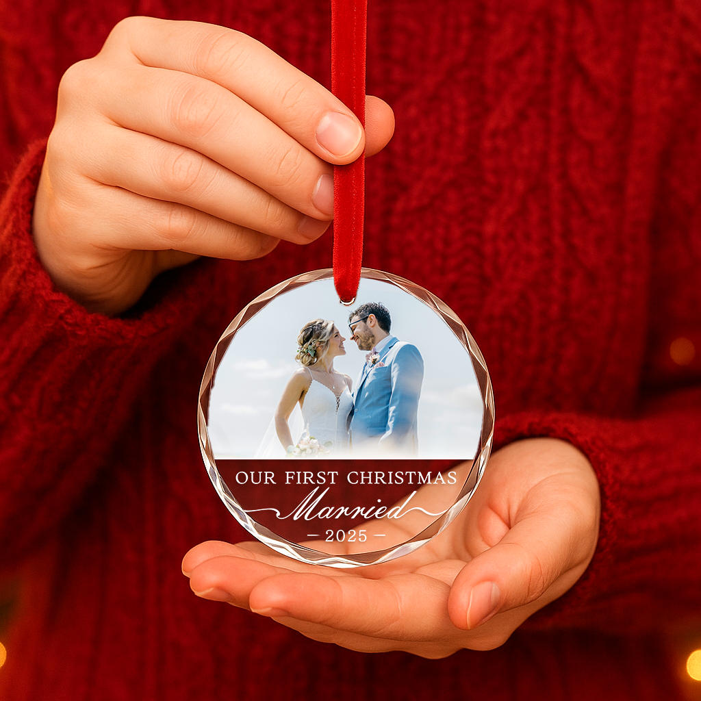 Our First Christmas Married, Custom Glass Ornament With Couple Photo