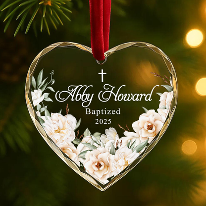 Baptism White Flowers Cross Custom Glass Ornament