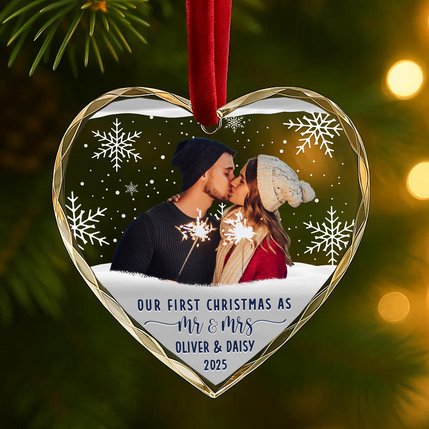 Our First Christmas as Mr and Mrs Couple Photo Custom Glass Ornament