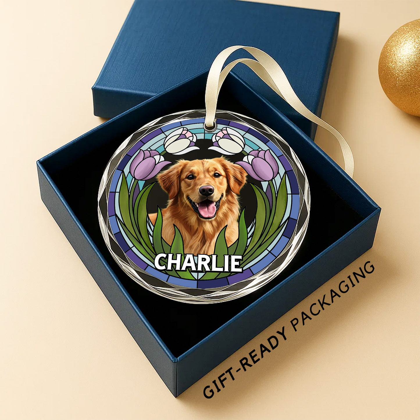 Stained Glass Flower Ornament with Custom Pet Portrait, Personalized Pet Memorial or Christmas Gift