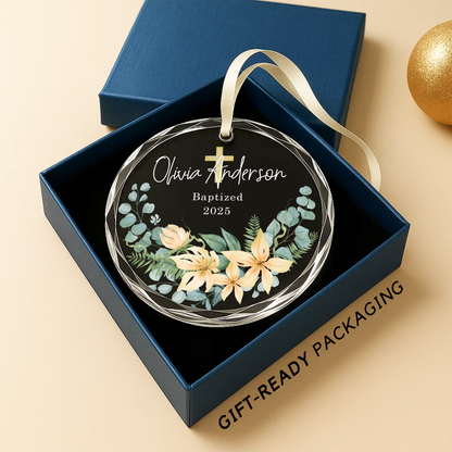 Baptized Ornament with Floral Cross