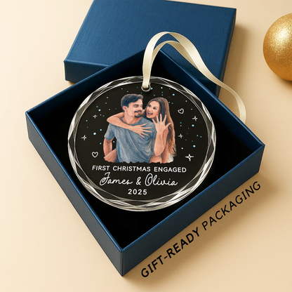 First Christmas Engaged, Custom Couple Portrait Ornament from Photo