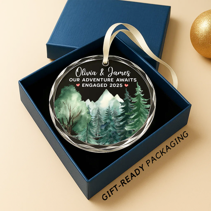 Our Adventure Awaits, Engaged 2025, Mountain Forest Watercolor Ornament