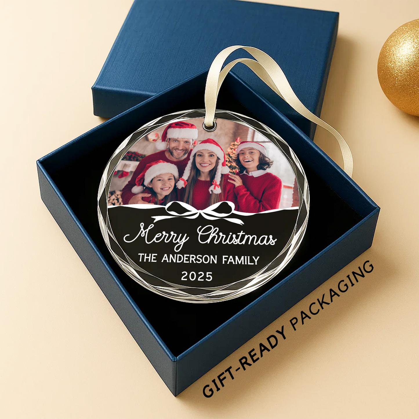 Merry Christmas Family Ornament, Custom Photo with Script Text