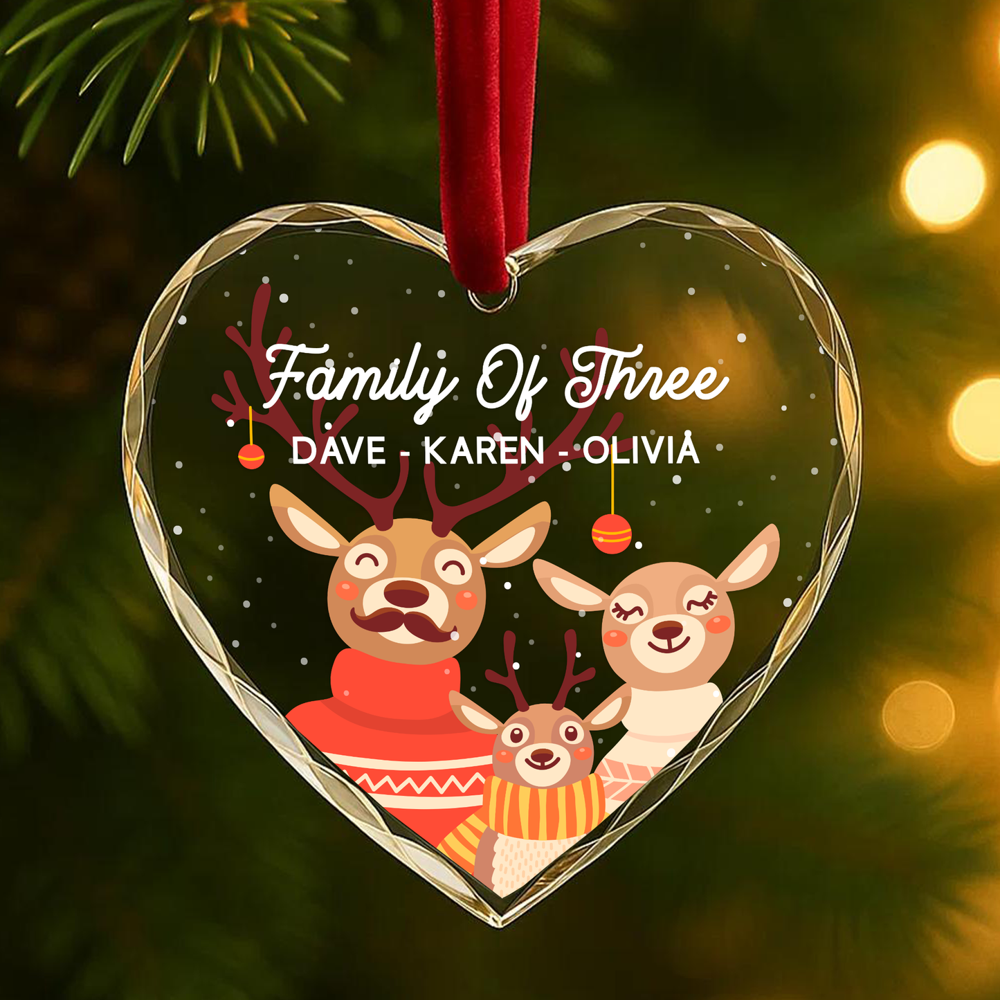 Family of Three Reindeer Custom Glass Ornament