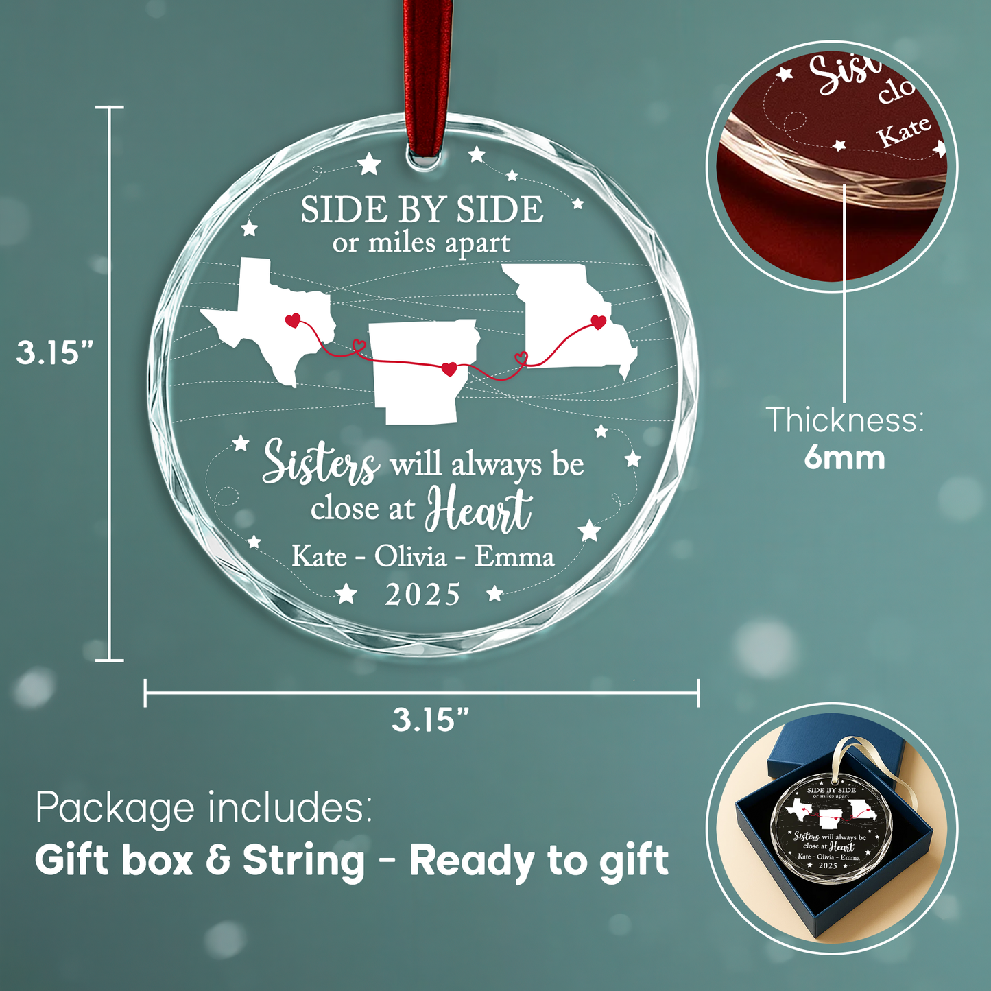 Sisters Will Always Be Close at Heart Long Distance Map Ornament