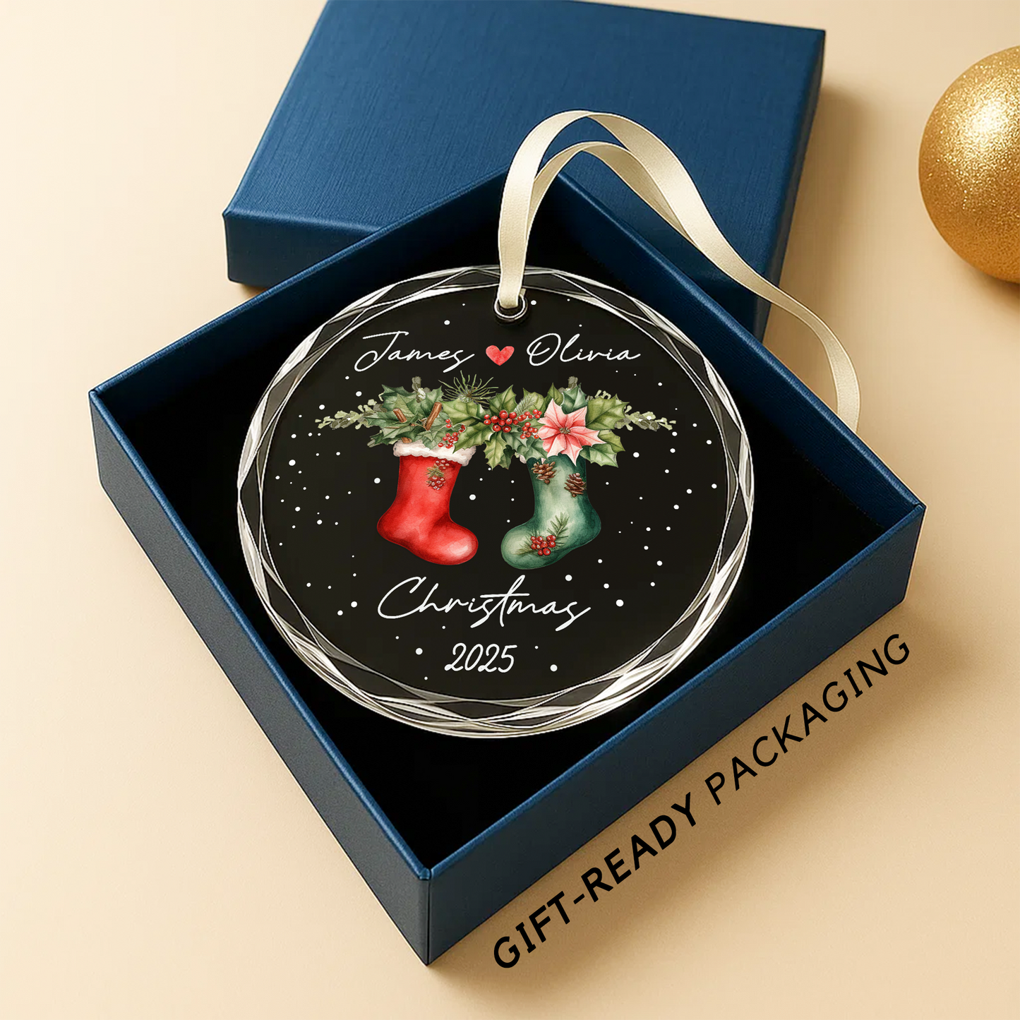 Couple Christmas Ornament with Matching Stockings, Custom Names & Year