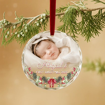 Baby’s First Christmas Photo with Floral Border Custom Glass Ornament