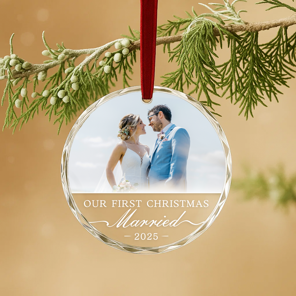 Our First Christmas Married, Custom Glass Ornament With Couple Photo