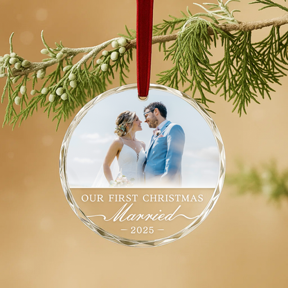 Our First Christmas Married, Custom Glass Ornament With Couple Photo