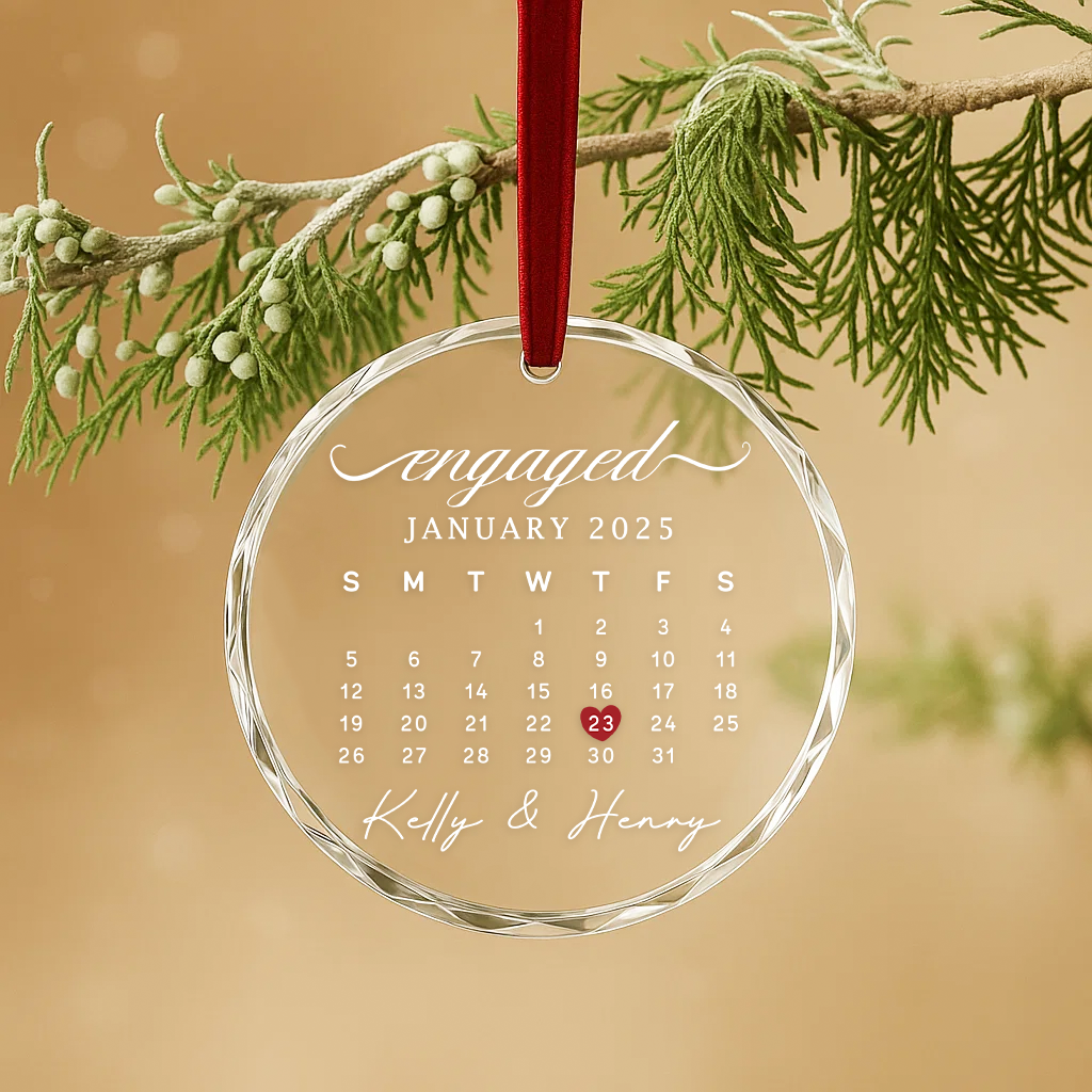 Engaged Calendar Ornament with Custom Date, Wedding Keepsake