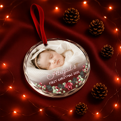 Baby’s First Christmas Photo with Floral Border Custom Glass Ornament