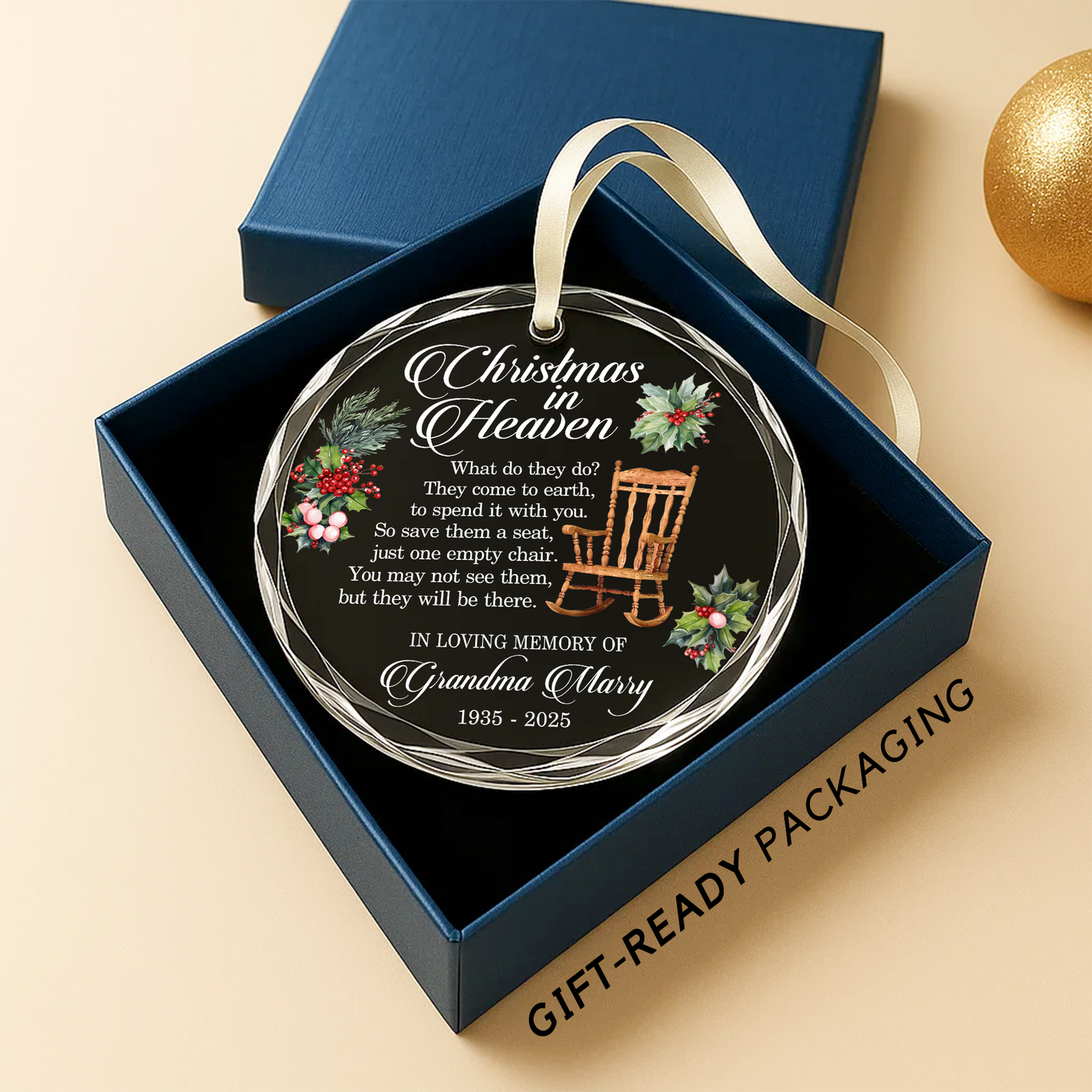 Christmas in Heaven with Rocking Chair Memorial Custom Glass Ornament