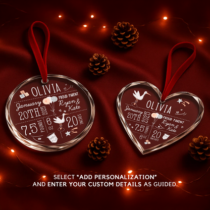 Baby First Christmas Ornament, Custom Name and Birth Stat