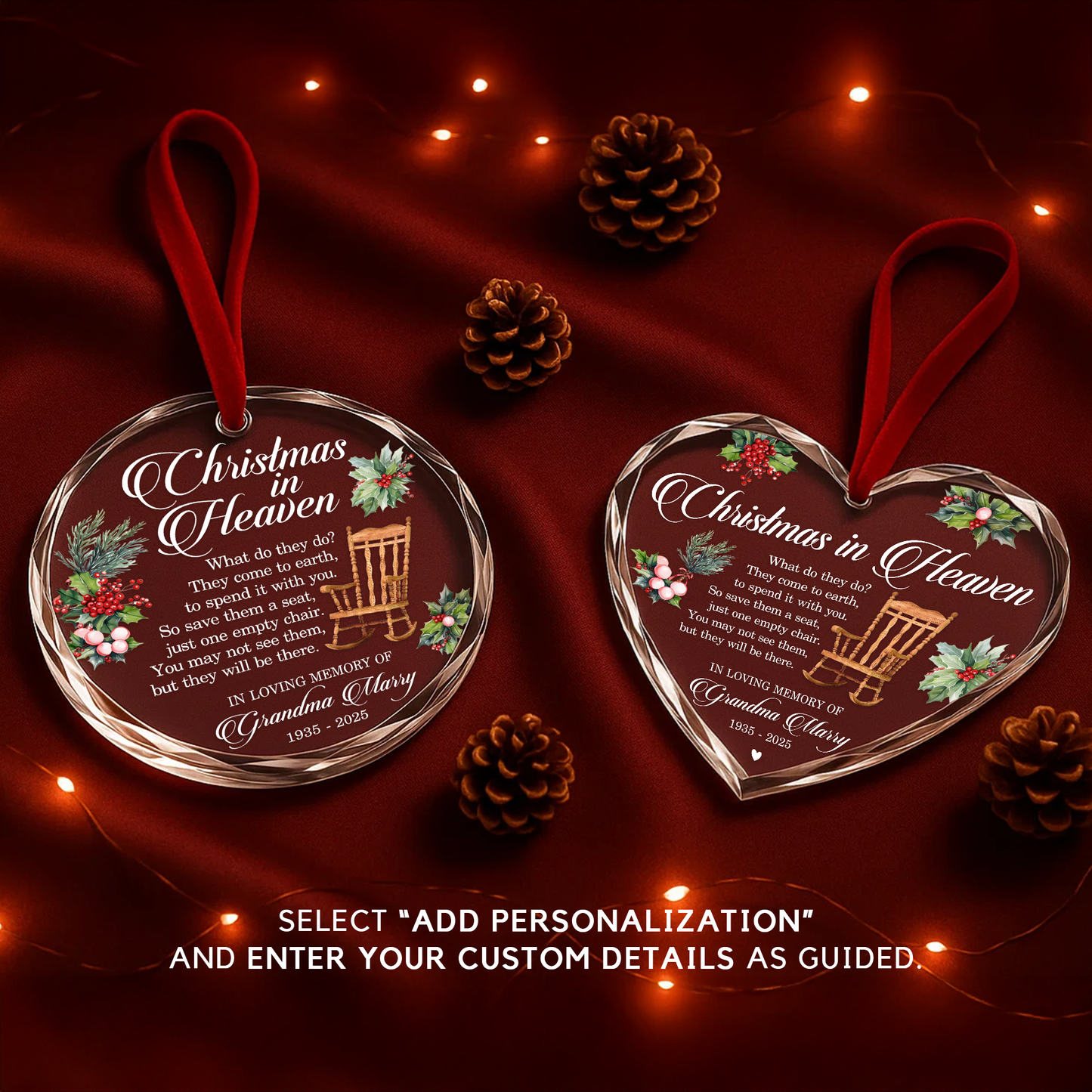 Christmas in Heaven with Rocking Chair Memorial Custom Glass Ornament