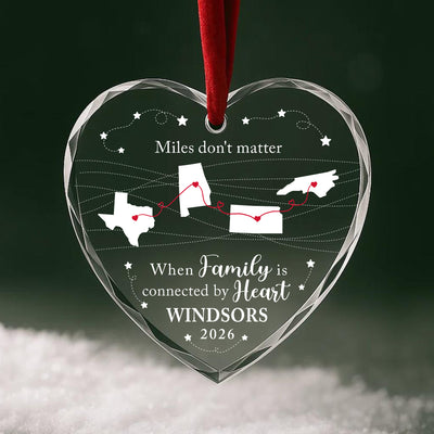 Personalized Miles Don't Matter Glass Ornament – Custom Family Last Name, States and Year, Long Distance Family Connected by Heart Christmas Keepsake Gift
