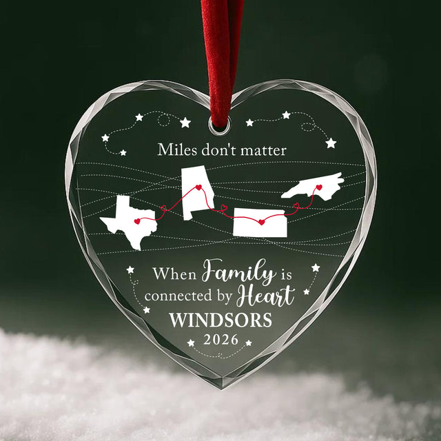 Personalized Miles Don't Matter Glass Ornament – Custom Family Last Name, States and Year, Long Distance Family Connected by Heart Christmas Keepsake Gift