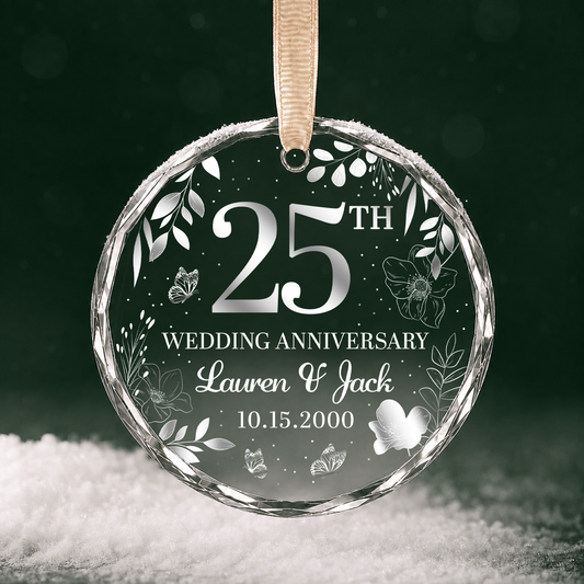 25th Wedding Anniversary Silver Floral Custom Glass Ornament