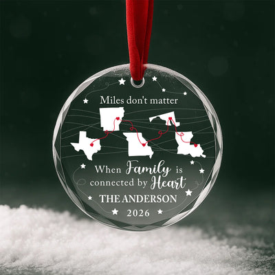Personalized Miles Don't Matter Glass Ornament – Custom Family Last Name, States and Year, Long Distance Family Connected by Heart Christmas Keepsake Gift