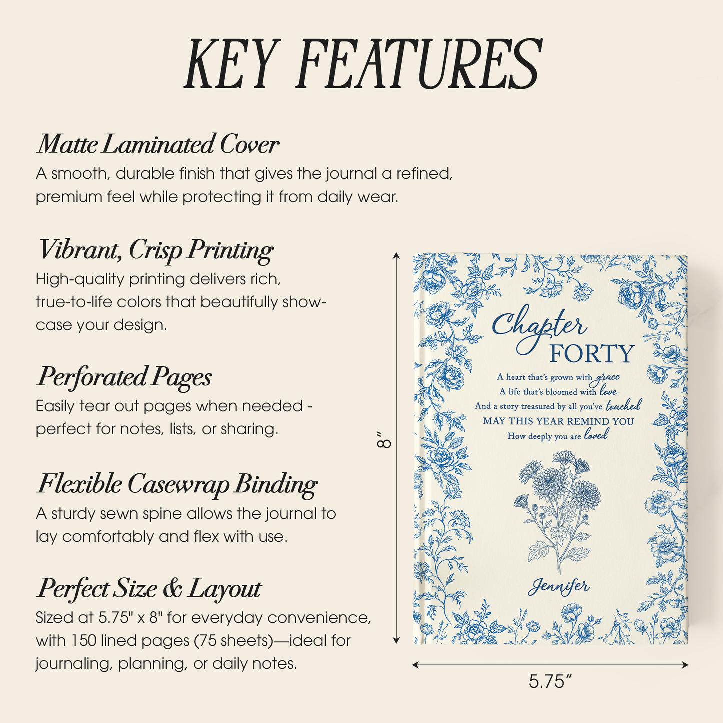 Personalized 40th Birthday Journal – “Chapter Forty” Custom Floral Notebook, Meaningful Milestone Gift