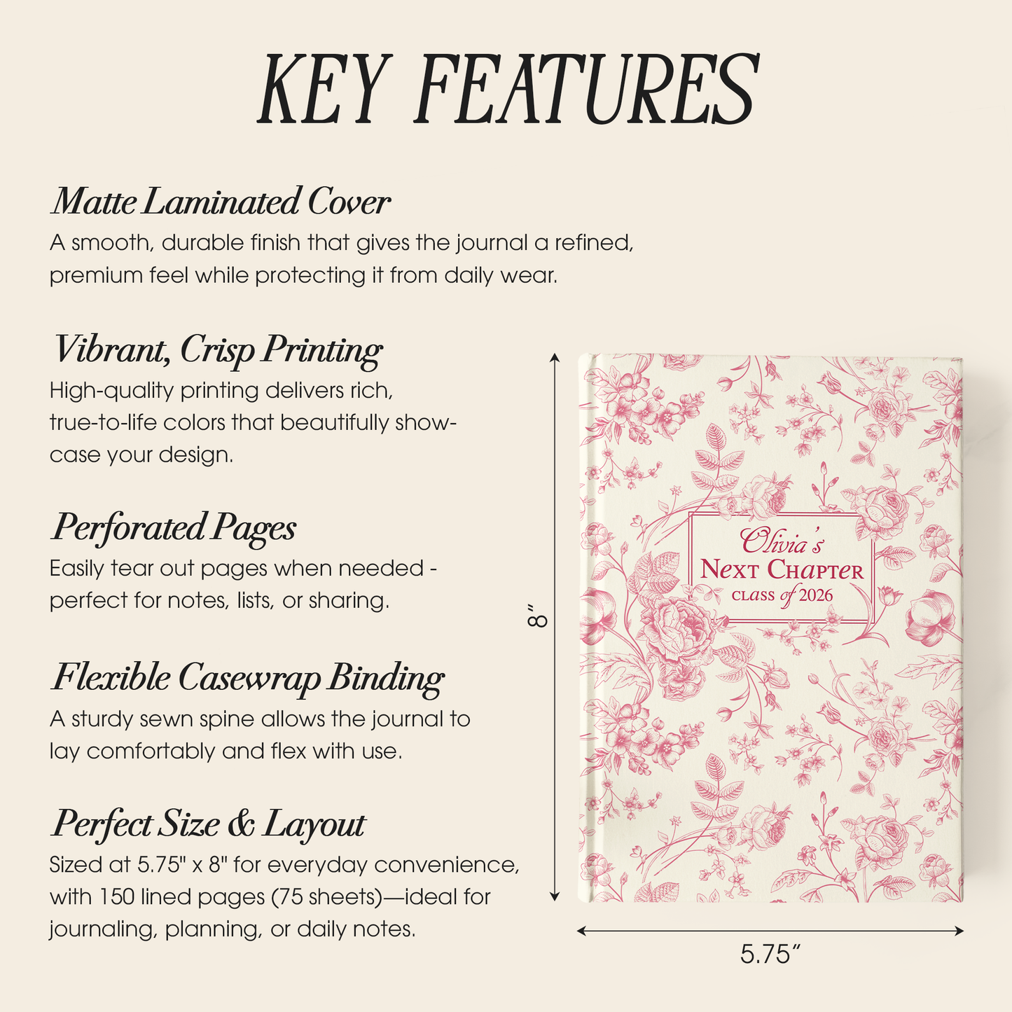 Personalized Graduation Journal – “Next Chapter” Custom Floral Notebook, Class of 2026 Gift