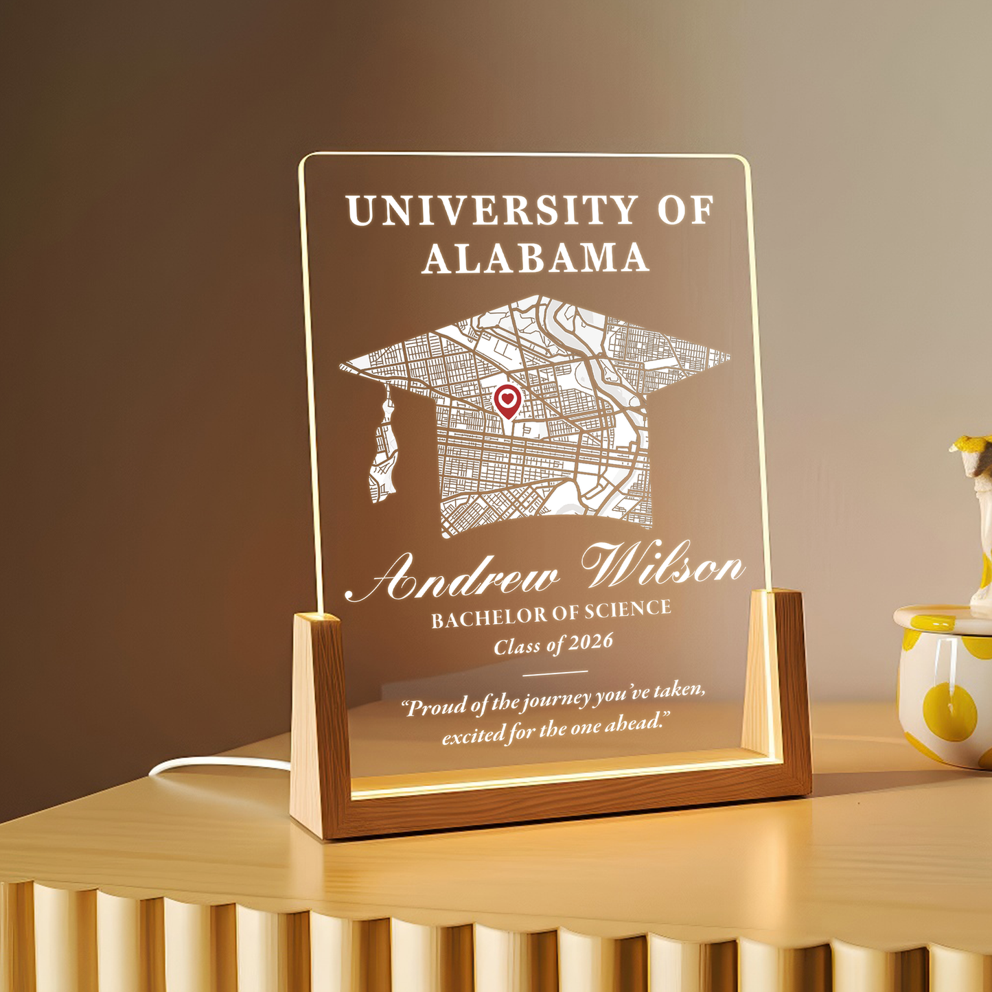 Personalized Graduation Map LED Plaque – Custom University, Name & Class Year Gift