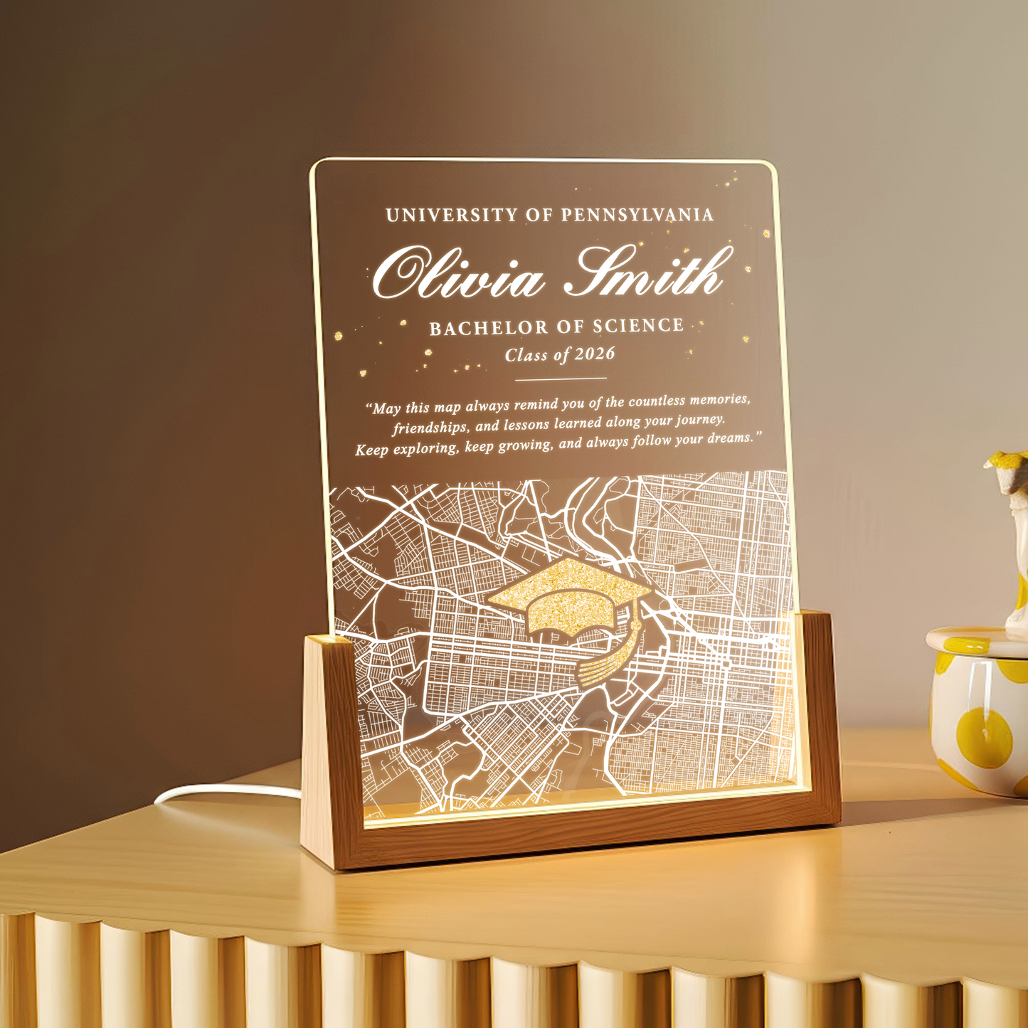 Personalized Graduation Map LED Plaque – Custom Name, University & Class of 2026 Keepsake Gift
