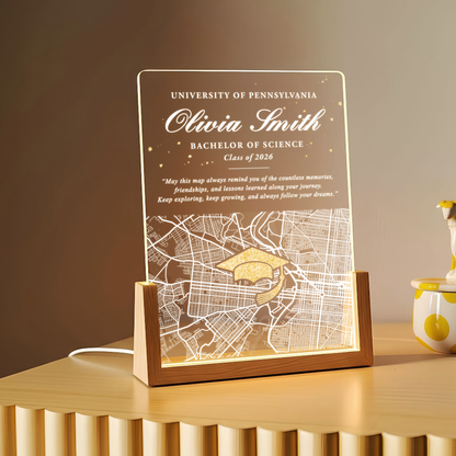 Personalized Graduation Map LED Plaque – Custom Name, University & Class of 2026 Keepsake Gift