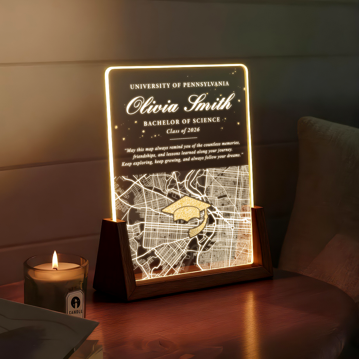 Personalized Graduation Map LED Plaque – Custom Name, University & Class of 2026 Keepsake Gift