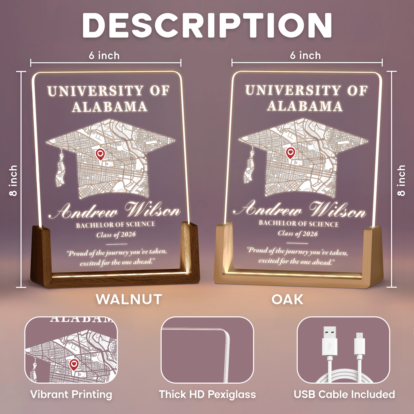 Personalized Graduation Map LED Plaque – Custom University, Name & Class Year Gift