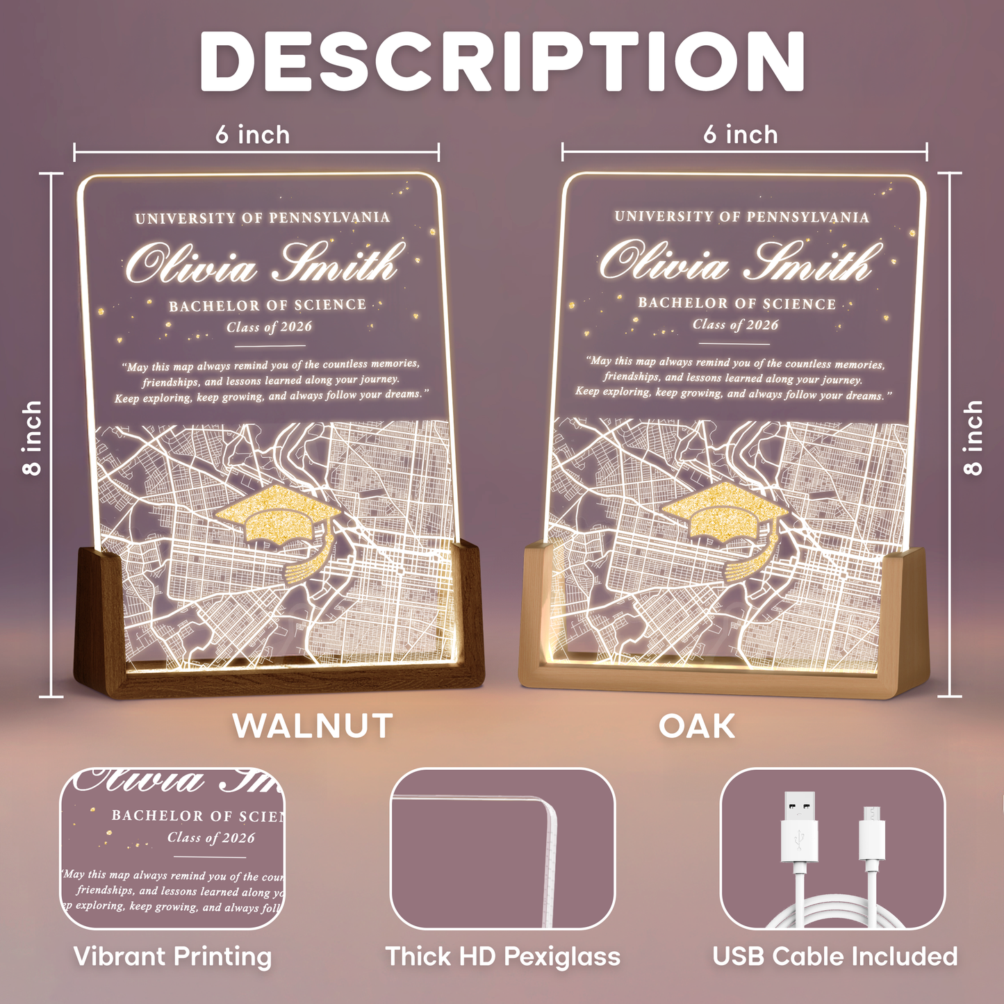 Personalized Graduation Map LED Plaque – Custom Name, University & Class of 2026 Keepsake Gift